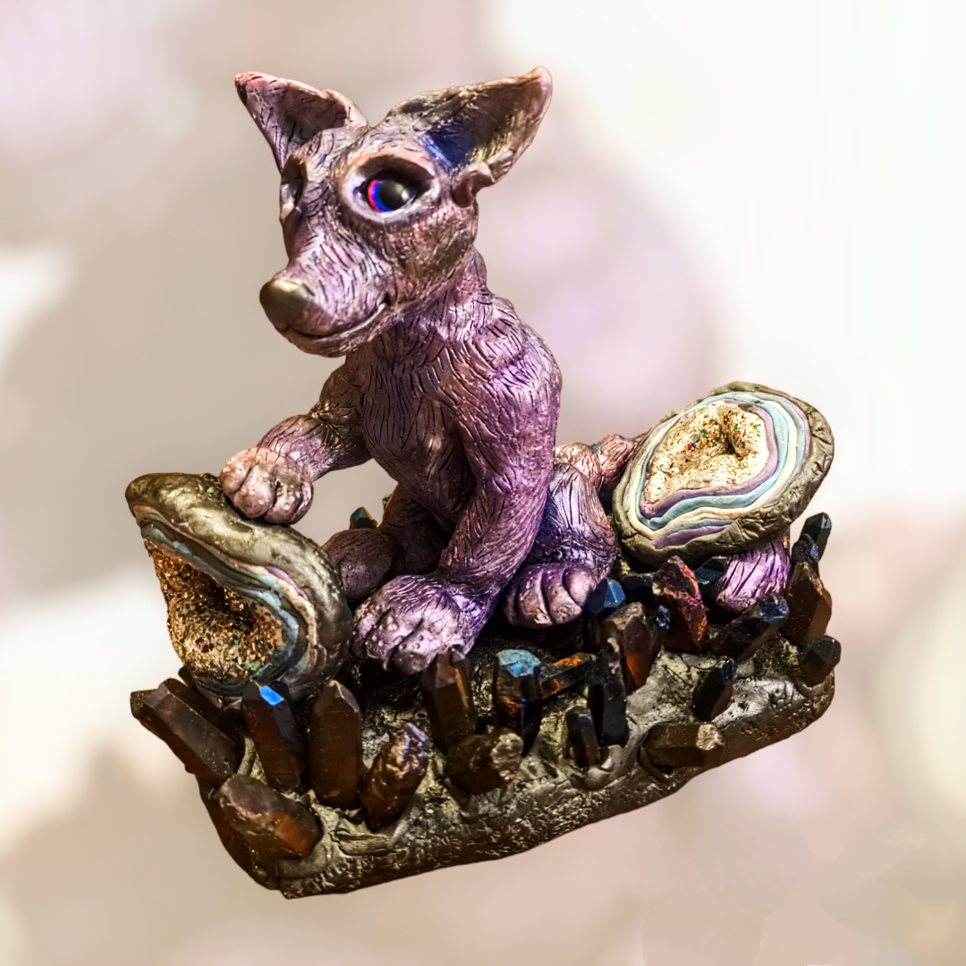 Purple Wolf With Geodes Sculpture