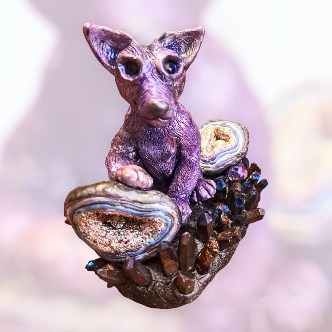 Purple Wolf With Geodes Sculpture